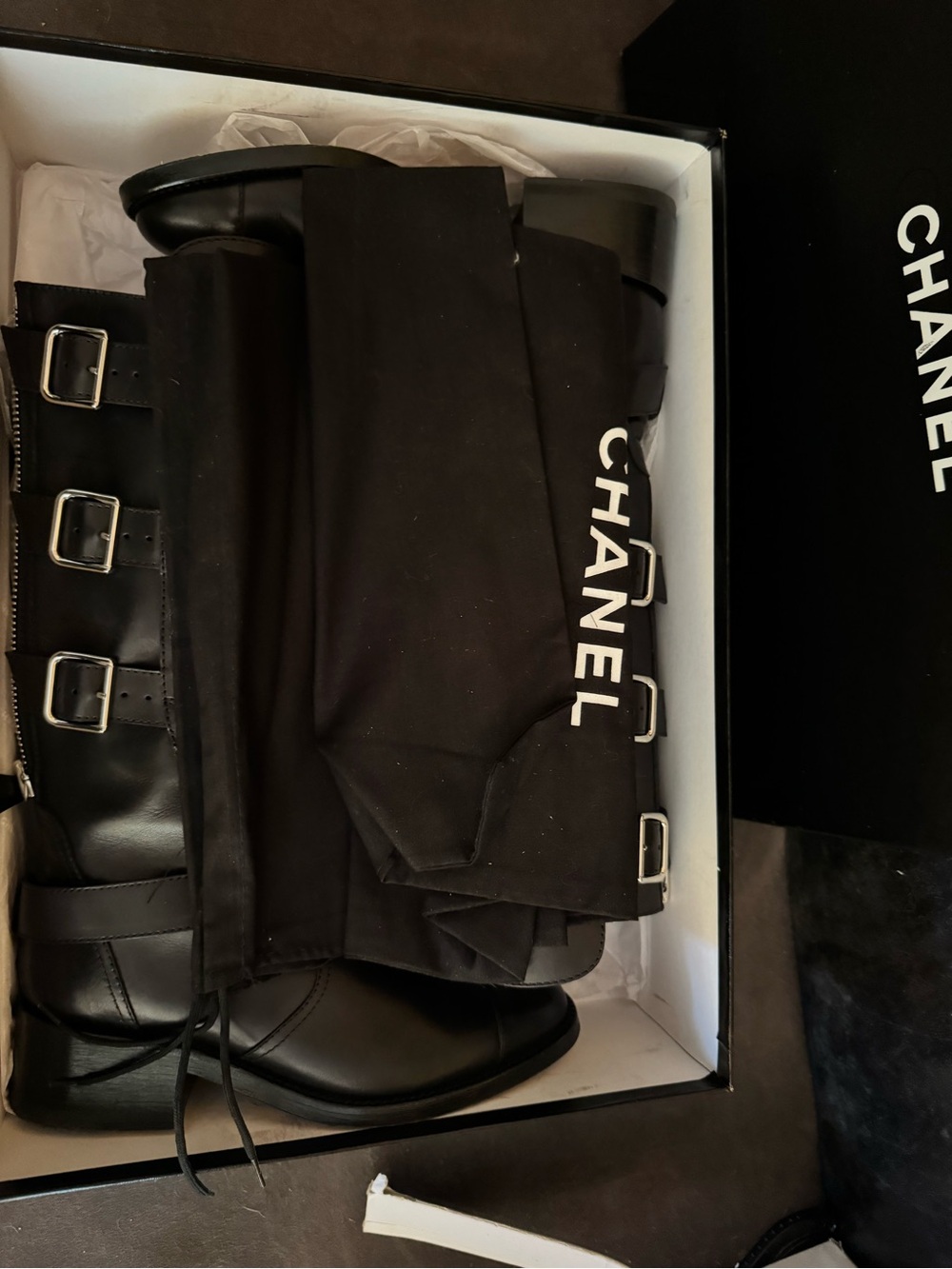 CHANEL Black Leather Knee-High Combat Boots with Silver Plate - Picture 15 of 16